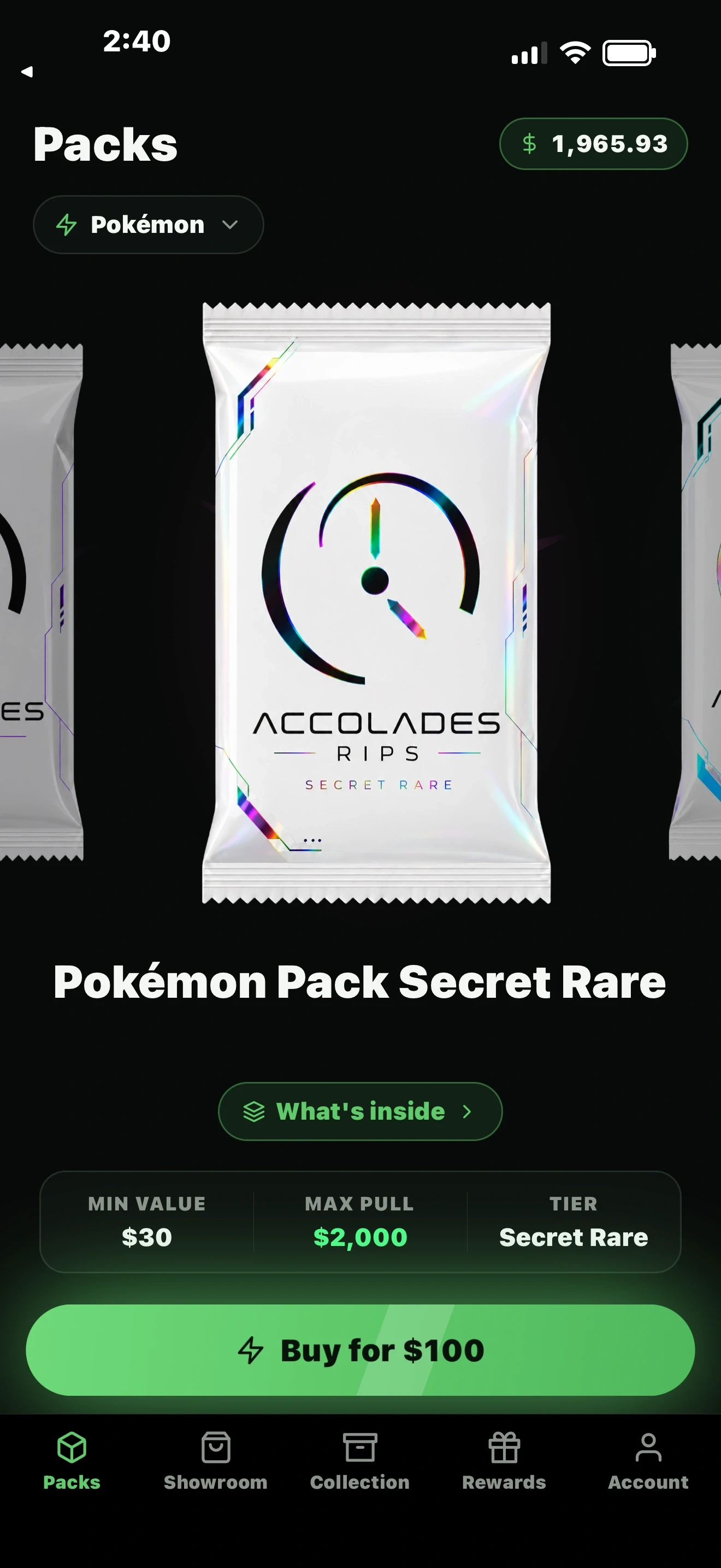The Accolades Rips app showing a Pokémon Secret Rare pack with published odds and a buy button